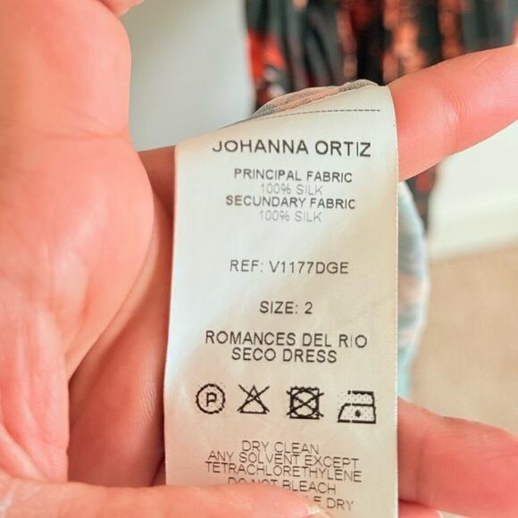 Johanna Ortiz Renaissance Forest Green Floral Print Ruffle Silk Maxi Gown 2 - Picture 14 of 15